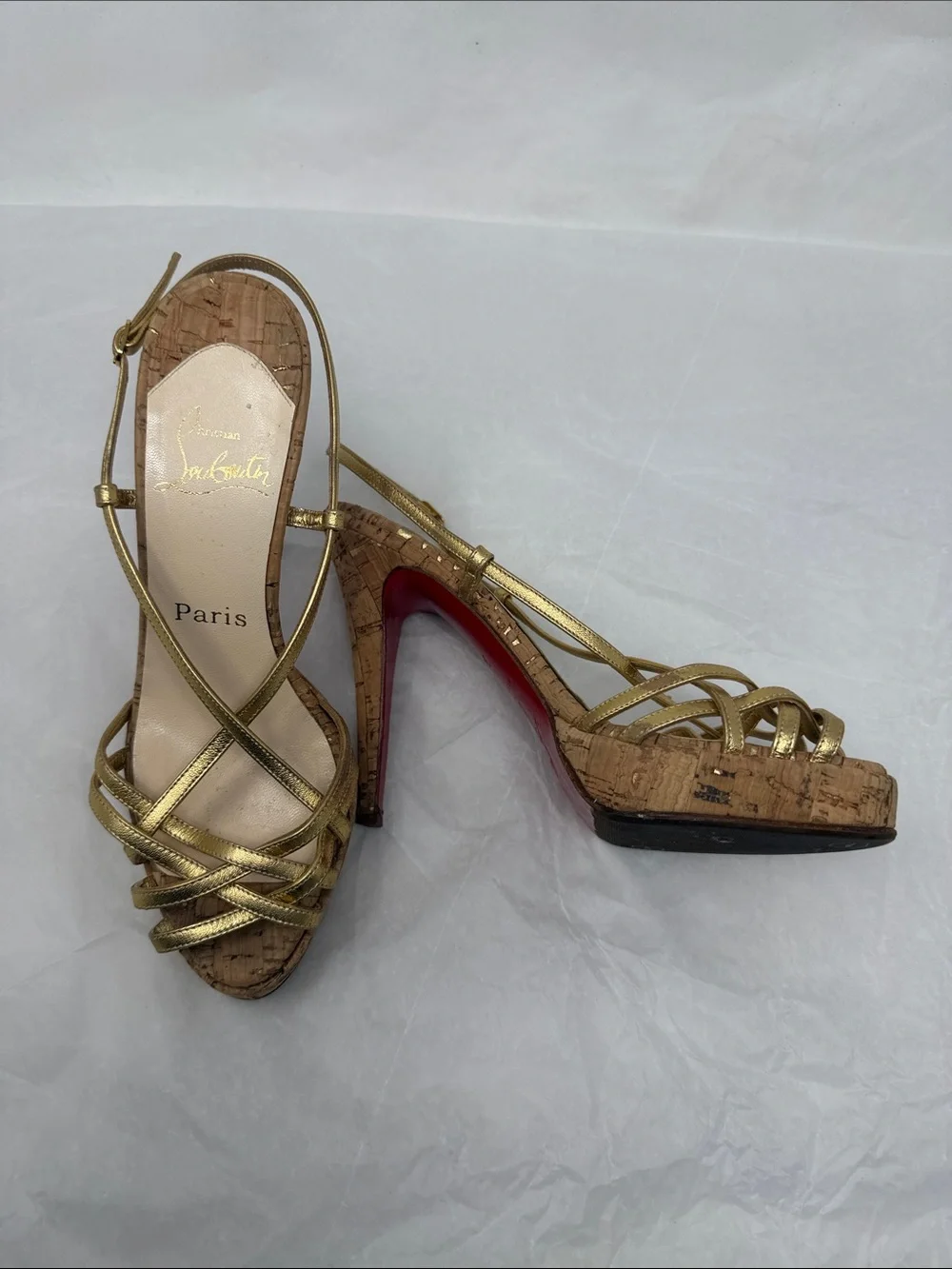Christian Louboutin Metallic Gold Strappy Cork Platform Heels